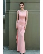 Open Back Cascade Ruffle Sleeveless Gown in Pink