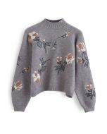 花柄刺繡セーター　グレー
