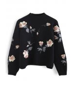 花柄刺繡セーター　ブラック