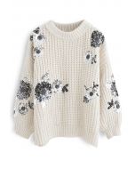 スパンコール花柄リブ編みセーター　アイボリー