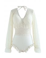 Lacy Long Sleeves Shirred  Ruffle Swimsuit in Cream