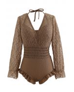 Lacy Long Sleeves Shirred  Ruffle Swimsuit in Brown