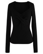 Sweetheart Twist Front Ribbed Knit Top in Black
