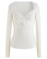 Sweetheart Twist Front Ribbed Knit Top in White