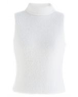 High Neck Fuzzy Knit Tank Top in White