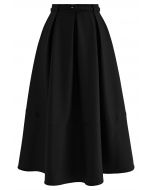Side Pockets Pleated Belt Midi Skirt in Black
