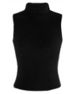 High Neck Fuzzy Knit Tank Top in Black