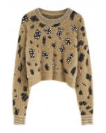 Pearly Leopard Fuzzy Knit Crop Sweater in Khaki