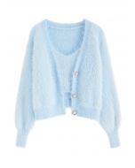 Fuzzy Cami Top and Pearly Buttoned Cardigan Set in Baby Blue