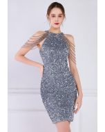 Sequins Halter Neck with Beads Cocktail Dress in Silver