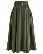 Belted Texture Flare Midi Skirt in Olive
