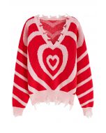 Multilayer Heart Frayed Edge Knit Sweater in Red