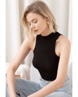 Ribbed Textured Cropped Racer Tank Top in Black