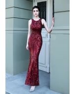 Open Back Flower Lattice Sequined Gown in Burgundy