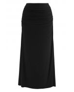 High Waist Ruched Detail Maxi Skirt in Black
