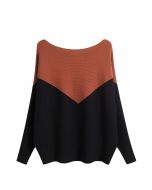Two-Tone Boat Neck Batwing Sleeve Sweater in Caramel
