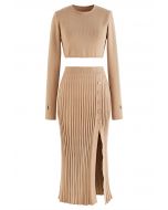 Knitted Crop Top and Buttoned Slit Skirt Set in Apricot