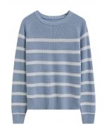 Versatile Round Neck Striped Knit Sweater in Blue