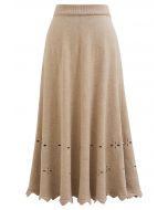 Zigzag Hemline Hollow Out Knit Midi Skirt in Oatmeal