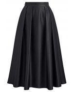 Sleek Side Pockets Pleated A-Line Midi Skirt in Black