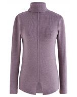 Seam Detail High Neck Slit Knit Top in Mauve
