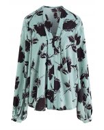 Ink Floral Lantern Sleeve Satin Shirt in Pea Green