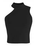 Asymmetric Halter Neck Knit Crop Top in Black