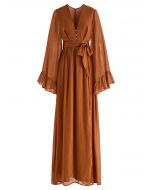 Metallic Shimmer Chiffon Ruffle Sleeve Maxi Dress in Rust