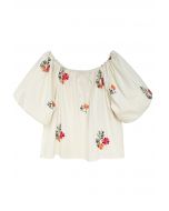 Vintage Floret Embroidery Bubble Sleeve Cotton Top