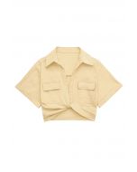 Front Tie Flap Pocket Crop Shirt in Light Yellow