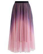 Shimmer Gradient Pleated Mesh Midi Skirt