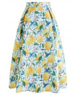 Blue Tiles Watercolor Lemon Printed Jacquard A-Line Midi Skirt