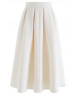 Embossed Heart Texture Pleated Midi Skirt in Ivory