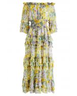 Tiered Ruffle Floral Off-Shoulder Chiffon Maxi Dress in Yellow