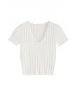 Scallop Edge Pointelle Short-Sleeve Crop Top in White