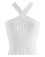 Criss Cross Straps Halter Knit Top in White