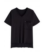 V-Neck Patch Pocket Raw-Cut T-Shirt in Black