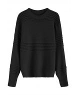 Stripe Embossed Openwork Knit Sweater in Black