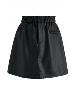 Elastic Waist Faux Leather Mini Skirt in Black