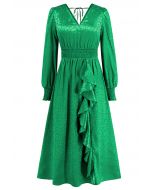 Glossy Leopard Jacquard Ruffle Maxi Dress in Green