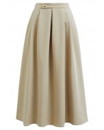 Button Decorated Pleated A-Line Skirt in Light Khaki