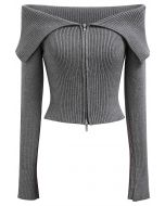 Flap Collar Zip Up Cropped Knit Top in Grey
