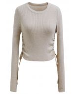 Side Drawstring Long Sleeves Crop Top in Linen