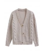 Braid Pattern Buttoned Knit Cardigan in Taupe