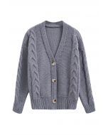 Braid Pattern Buttoned Knit Cardigan in Grey