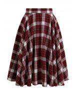 Burgundy Tartan Wool-Blend A-Line Midi Skirt
