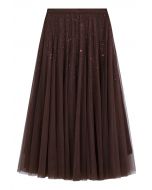 Ravishing Sequins Mesh Tulle Midi Skirt in Brown