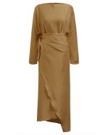 Satin Boat Neck Wrapped Waist Maxi Dress in Gold