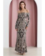 Baroque Off-Shoulder Sequined Maxi Gown