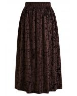 3D Floret Shimmer Fringe Velvet Midi Skirt in Brown